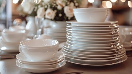 Elegant dining table setup with pristine white crockery for a chic dinner experience
