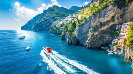 Foto auf Acrylglas A boat with a cabin cruising in the sea and along a rocky coastline with colorful houses. © PhornpimonNutiprapun