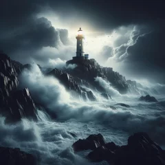 Rolgordijnen A dramatic photo showcases a lone lighthouse against a stormy coastal backdrop.  © robfolio