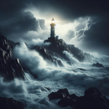 A dramatic photo showcases a lone lighthouse against a stormy coastal backdrop.
