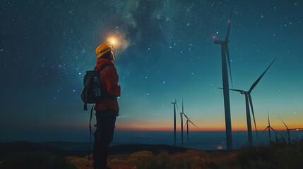 Obraz premium An engineer wearing a hard hat and headlamp stands before wind turbines under a starry night sky, contemplating renewable energy.