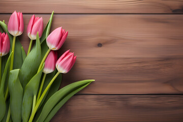 Tulips on wood table copy space for text, Generative Ai 