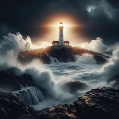 Tuinposter A dramatic photo showcases a lone lighthouse against a stormy coastal backdrop.  © robfolio
