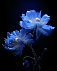 Two blue flowers on a dark black background. Flowering flowers, a symbol of spring, new life.