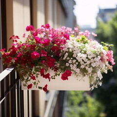 Hanging on the railing white box, pot with white and pink flowers. Flowering flowers, a symbol of spring, new life.