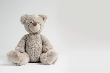 small stuffed bear sitting against a white background
