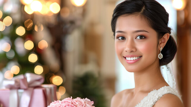 Portrait of a beautiful Philippine bride smiling and holding a pink bouquet with wedding gifts in the back