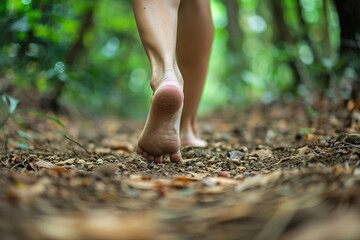 Bare feet walking on a forest path surrounded by fallen leaves. - obrazy, fototapety, plakaty