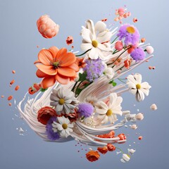 Abstract illustration of a vortex pulling in colorful flowers on a sample. Flowering flowers, a symbol of spring, new life.