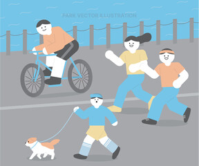 Vector illustrations of people riding bicycles, running, and walking with dogs in the park