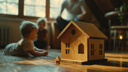 Little wooden house on floor of cozy room with happy family playing in background.
