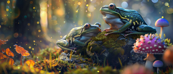  Frog sitting on a leaf in the pond, with the morning sunlight shining down, reflecting on the water's surface. Close-up shot. - obrazy, fototapety, plakaty