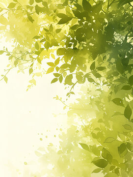 A colorwater image of Sunlight gently pierces through the verdant leaves of a serene green forest.