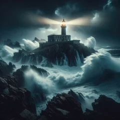 Foto auf Alu-Dibond A dramatic photo showcases a lone lighthouse against a stormy coastal backdrop.  © robfolio