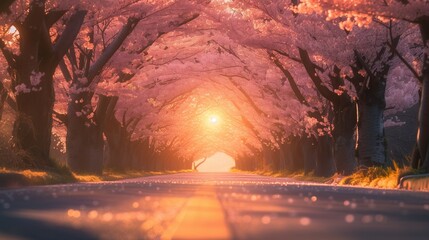 Beautiful Cherry Blossom sakura Tunnel and walkway on sunset, Light at the end of the cherry, generative ai