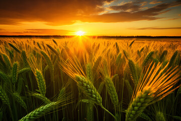 wheat field, rye wheat, Rich harvest Concept, rye field, wheat ears, summer day, sunset