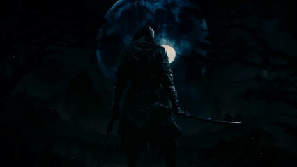  a terrifying Ronin standing in the forest at night. Black silhouette of Japanese samurai warrior against forest at night
