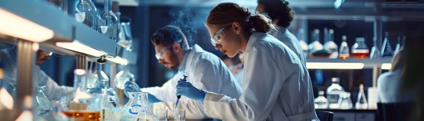 A team of scientists in a modern laboratory setting They are engaged in a passionate discussion about the application of gold in medical treatments