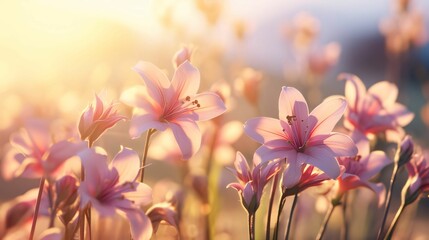 Banner, sun rays falling on white pink flowers growing in a meadow. Sunset. Flowering flowers, a symbol of spring, new life.
