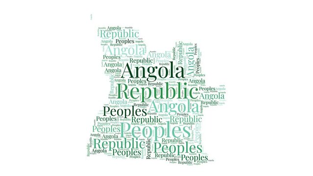 Angola shape word cloud animation. Country boundary filled with country names animated. Angola presentation video.