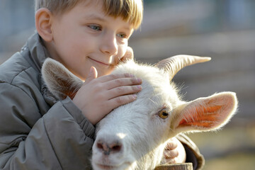 Joyful and happy boy hugs and strokes a horned goat, the concept of the unity of nature and man.