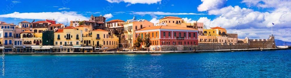 Sticker Beautiful Greece and best scenic places - panorama of picturesque old town Chania. Crete island