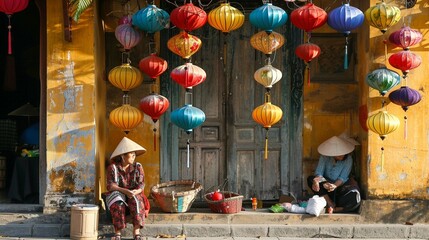local Vietnamese women street vendor in Hoi An on December 7, 2011 in Hoi An, Vietnam. Hoi An is the renown of World heritage cultural site. - obrazy, fototapety, plakaty
