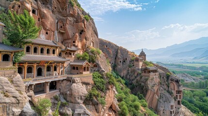 Maijishan Cave-Temple Complex in Tianshui city, Gansu Province China. A mountain with religious...