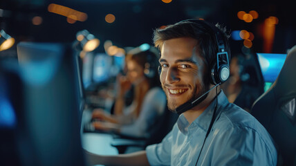 Portrait of call center worker accompanied by his team. Smiling customer support operator at work. - obrazy, fototapety, plakaty