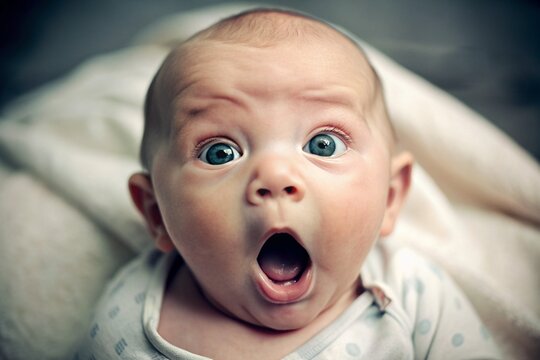 Naklejki A portrait little baby kid reaction funny at camera look crazy 