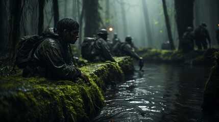 A group of military men in field uniform follows a shadowed path in a dense, foggy forest. Concept: military exercises, survival in extreme conditions and intelligence activities.