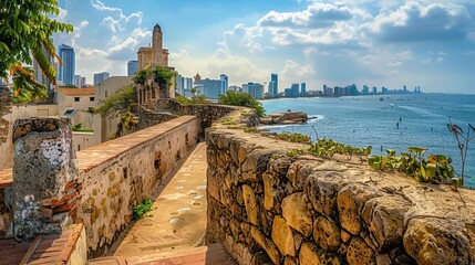 Old defensive walls on the coast at the old city of Cartagena.