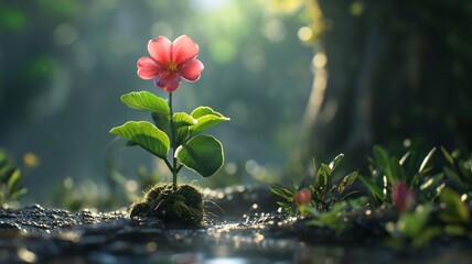 A lone pink flower with green leaves growing in the ground, the sun's rays falling in the background a blur of green and forest. Flowering flowers, a symbol of spring, new life. - obrazy, fototapety, plakaty