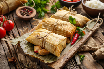 Tamales. Prehispanic dish typical of Mexico and some Latin American countries. Corn dough wrapped in corn leaves. The tamales are steamed.
