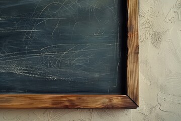 Detail of chalk stained black board with wooden frame. Horizontal composition.