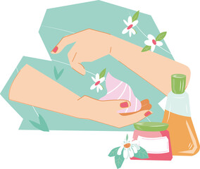 Natural skincare products for hands and nails banner design, hands creams and treatments. Female hands with different creams and cosmetics.
