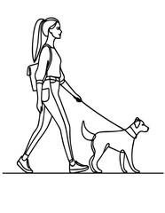 Girl walking a dog on a leash , one line drawing