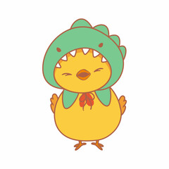 chicken wears a green dinosaur hat