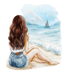 girl, woman in in denim shorts on the beach in a hat, sea, sand, vacation, relax. Watercolor illustration isolated on white background. Clip art.