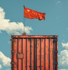 Freight shipping container with flag of china on crane hook - 3D illustration - obrazy, fototapety, plakaty