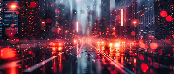 Fototapeta na wymiar Night City Lights and Street Bokeh, Abstract Urban Scene with Blurred Car Lights and Rainy Ambiance