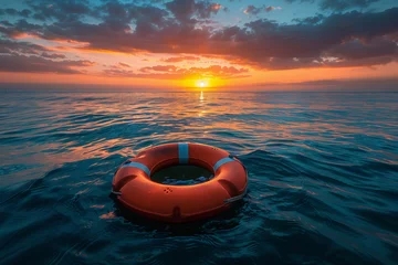 Poster Orange lifebuoy floating at sea sunset sunrise  © Anna