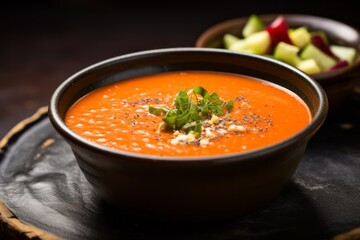 Hearty gazpacho on a slate plate against a natural brick background