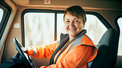 Experienced trucker, blonde, inked, wearing orange reflective vest, from Eastern Europe, resilient.