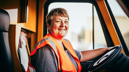 Skilled trucker, blonde, tattooed, wearing orange reflective vest, from Eastern Europe, independent.