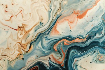 An abstract swirling pattern with vibrant orange, white, and blue hues.