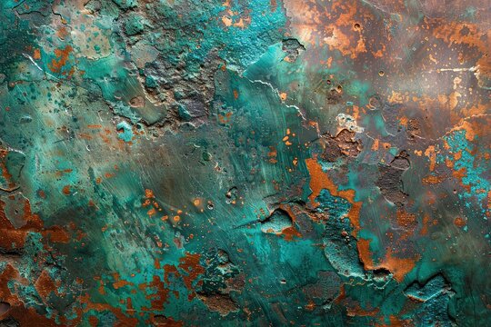 Textured surface with vibrant turquoise and rust hues.