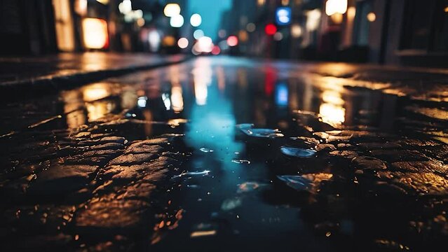 Cityscape, urban nightlife, rainy day, glowing lights reflect in puddles on wet streets.