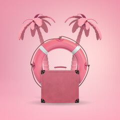Pink plane lifebuoy with palm trees in background