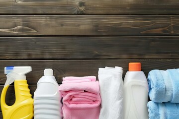 Detail of different types of laundry detergents on wooden table with freshly washed folded white clothes. Top elevated view. Horizontal composition.